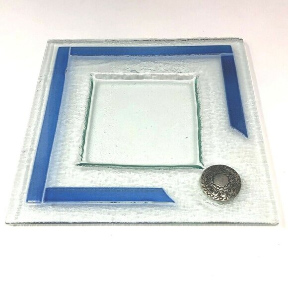 Modern Ashtray Bubble Clear Painted Blue Glass Dish Silver Medallion Accent - Picture 5 of 5